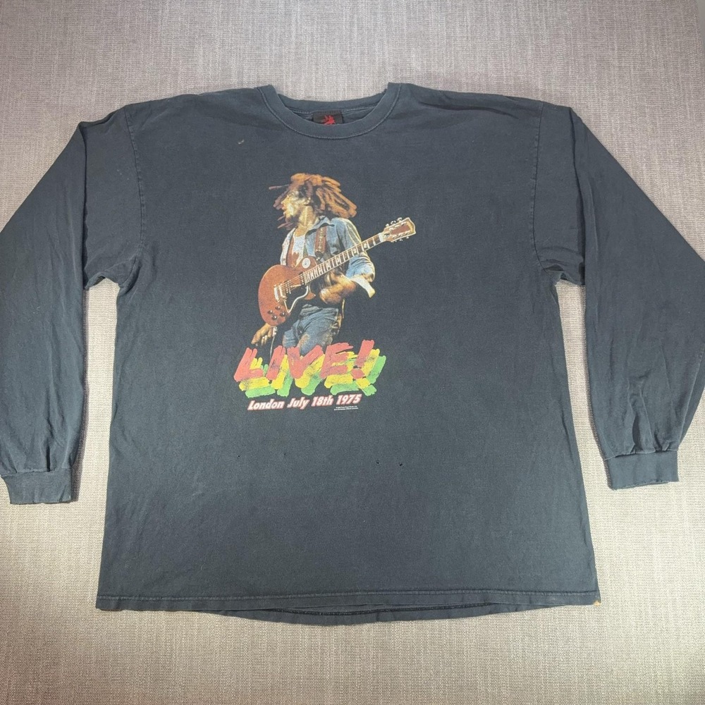 Bob Marley Shirt Mens 3XL Black Zion Rootswear Live 1975 Long Sleeve Distressed